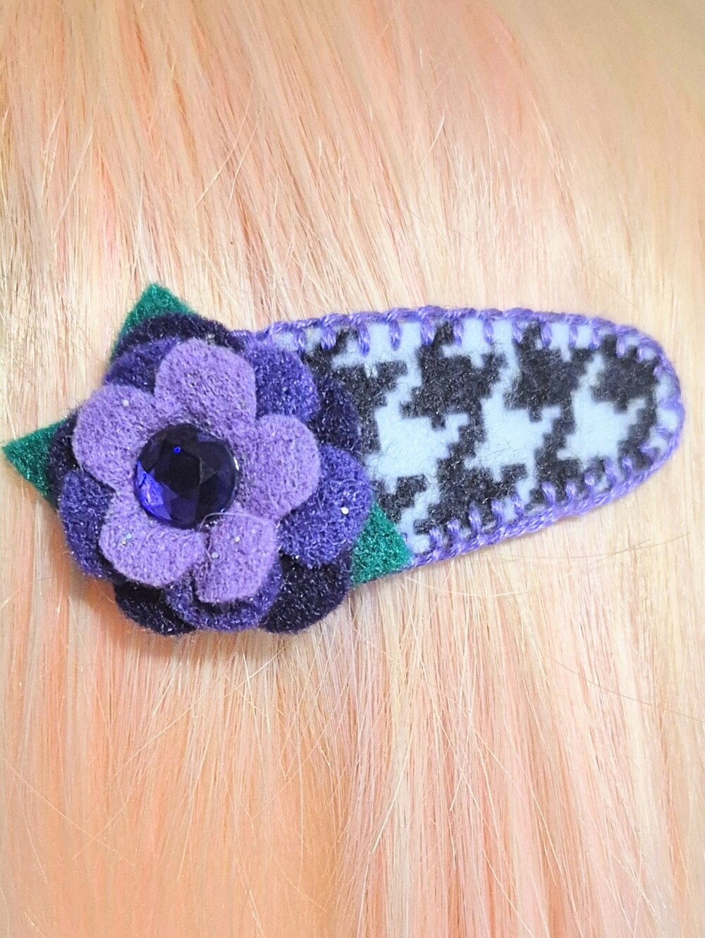 Handmade Purple Flower Felt Hair Clip With Houndstooth Pattern